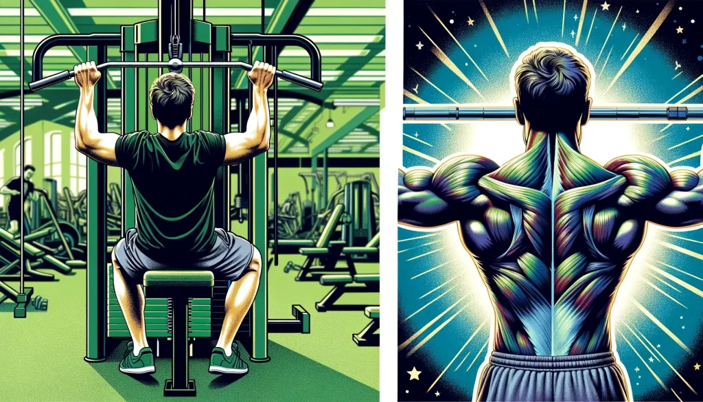 Illustration divided into two parts showing gym exercises. On the left, a man is seen from behind using a lat pulldown machine, clad in black and grey workout attire, set against a background of gym equipment on green flooring. The right side details a close-up of a man's defined back muscles as he performs a pull-up, wearing grey bottoms, with a spotlight effect highlighting his muscular back.