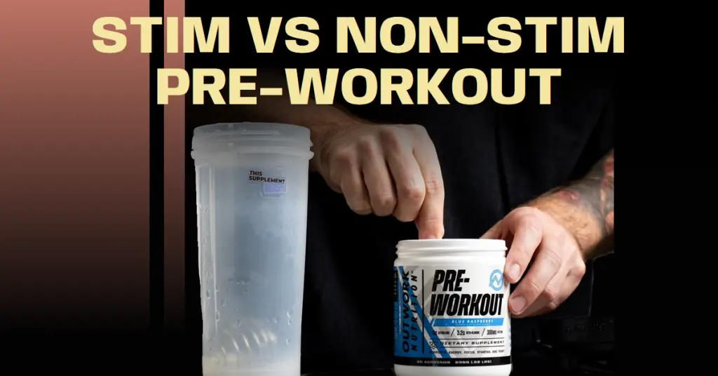An image contrasting STIM versus NON-STIM pre-workout supplements. On the left, a white, transparent shaker bottle is displayed, while on the right, a hand with tattooed forearms is scooping powder from a container labeled 'PRE-WORKOUT - BLUE RASPBERRY'. The text 'STIM VS NON-STIM PRE-WORKOUT' is prominently featured in bold, block letters across the top, set against a split background that transitions from a warm to a dark shade.