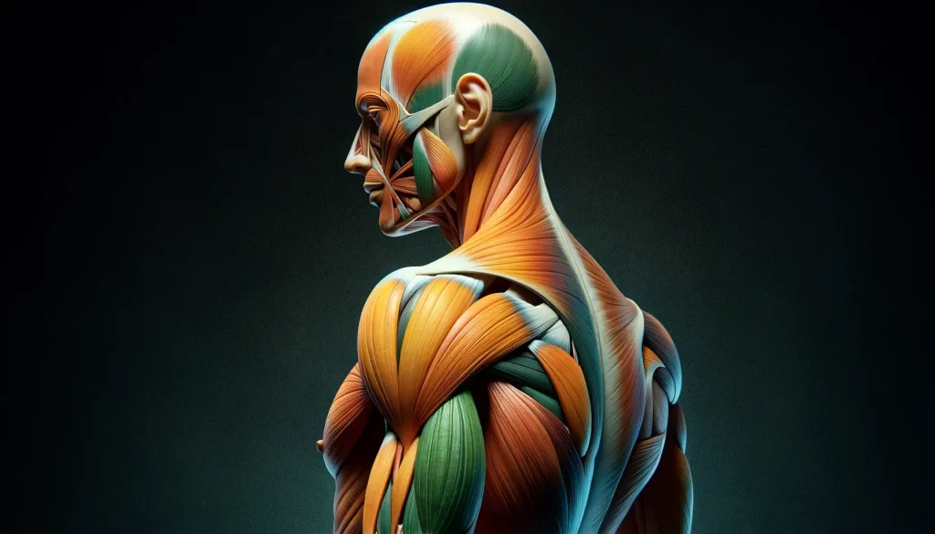 A side profile of a human figure from the waist up, focusing on the deltoid muscles with semi-transparent overlays. The anterior deltoid is highlighted in green at the front, while the lateral head in orange is visible at the mid-region of the shoulder. The figure's skin tone is realistic with detailed muscular definition against a solid black background. The posterior deltoid is not shown in this side view.