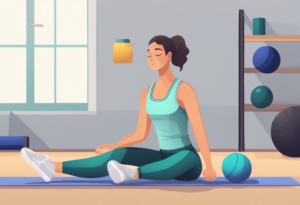 Why-Can't-I-Straighten-My-Arm-After-Workout-an-illustration-of-woman-seated-on-a-yoga-mat-right-arm-flexed