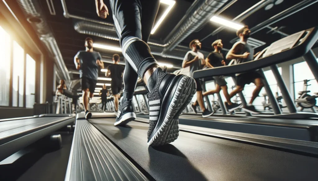 High-energy digital photography of an intense cardio workout session, featuring a close-up on a runner's black sneakers with white stripes on a treadmill, with a blurred background of other individuals running, highlighting the movement and athletic focus in a modern gym setting with advanced equipment and bright lighting.