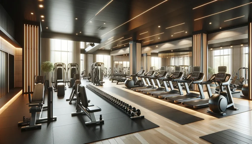 Modern gym interior featuring rows of professional fitness equipment with natural and artificial lighting, including treadmills, ellipticals, and a free weight area with dumbbells, showcasing a sleek design with light wooden floors and large windows, ideal for fitness enthusiasts and gym goers seeking a contemporary workout environment.
