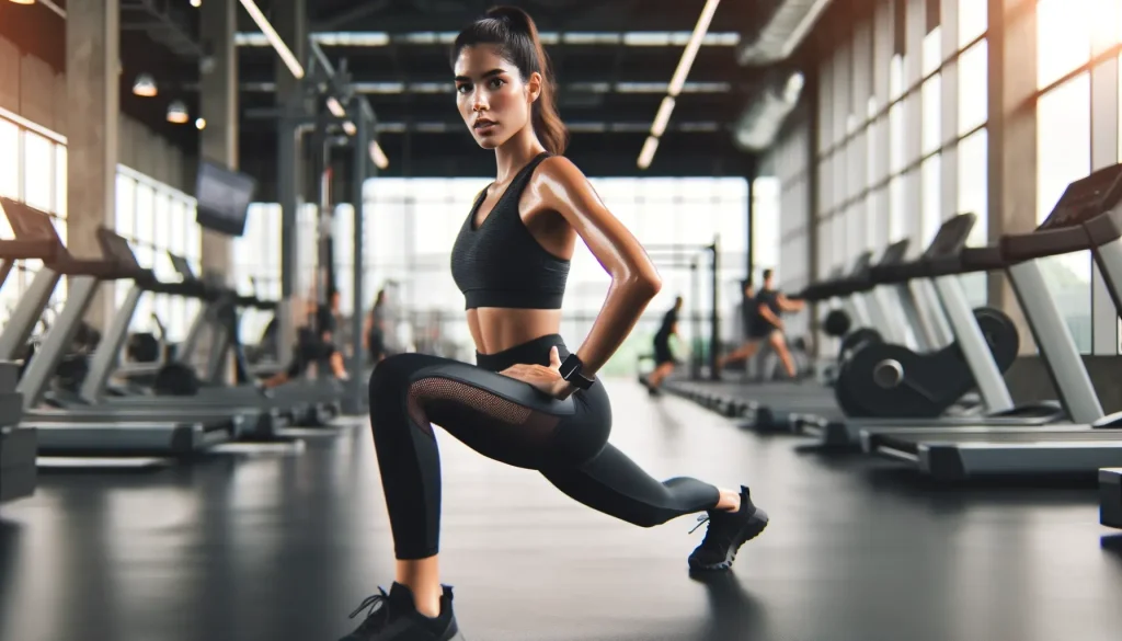 A digital photography of a woman in a gym doing a side lunge. She is in focus, with a blurred gym background filled with workout equipment. The woman has a fit physique, is wearing a black sports bra and black leggings, with black sneakers. Her hair is tied back in a ponytail, and she's wearing a black smartwatch on her left wrist. She is looking towards the camera with a focused expression. The lighting in the gym is bright and neutral. The image is a true illustration of why is it important to ease into an exercise program