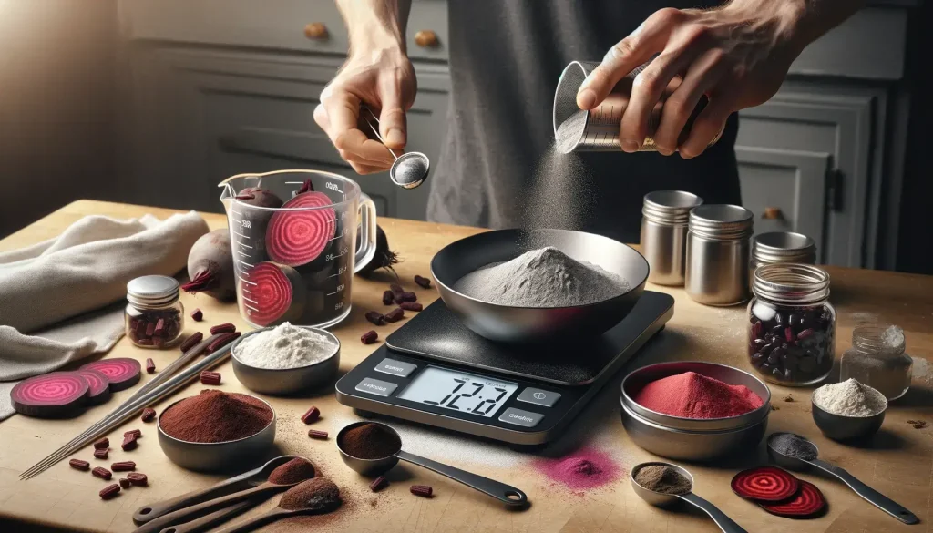 A realistic photo capturing the process of measuring and mixing natural ingredients to "Make Your Own Pre Workout" blend. The scene showcases a digital scale, measuring spoons, and either a mixing bowl or shaker, thoughtfully arranged on a kitchen countertop. Key components like caffeine powder, beetroot slices, and crystalline amino acids are meticulously measured and blended. This image highlights the precision and dedication involved in the preparation, with a particular focus on the dynamic actions of pouring or scooping ingredients. The overall setup mirrors a natural, authentic kitchen environment, amplifying the realism of crafting your custom pre-workout mix.