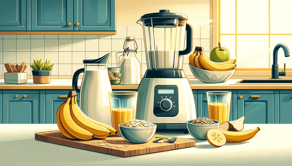 A digital illustration of a kitchen counter with various ingredients and kitchenware, prepared for making a healthy smoothie. The image features ripe bananas, a jug of milk, a modern blender, bowls of oats, and seeds, along with glasses of green smoothie and orange juice. The setting is a bright kitchen with blue cabinets, a tiled backsplash, and a sunny window. The illustration is done in a flat color style with smooth textures and a warm, inviting color palette, highlighting a clean and healthy lifestyle.