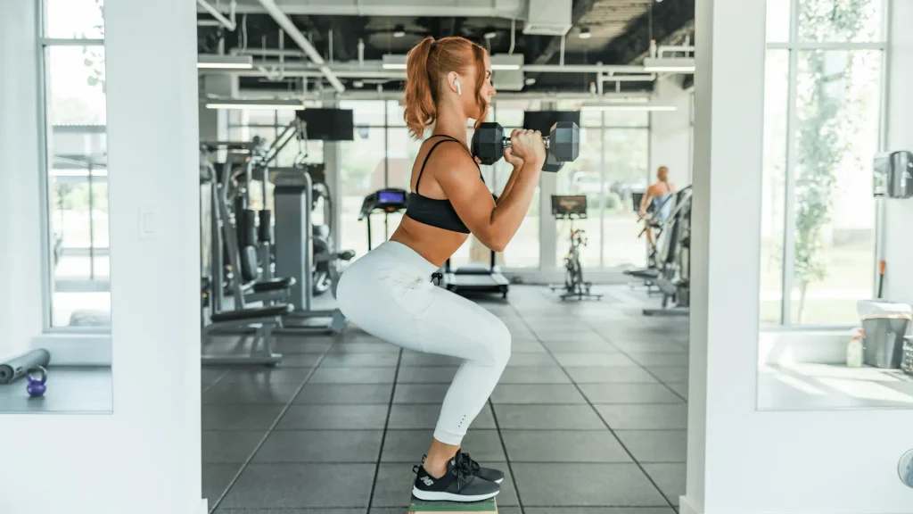 A fitness enthusiast wondering 'How Many Squats Should I Do a Day ' as she performs a goblet squat with a dumbbell in a modern gym setting, clad in white leggings and a black sports bra, red ponytail and earphones in place, with more gym equipment and fellow exercisers in the background.