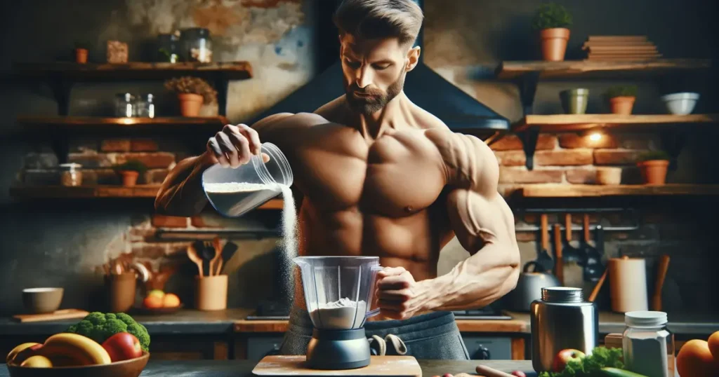A realistic photo of a very masculine man in a kitchen, shirtless, with a broad chest and large biceps, pouring a fine textured powder from a jar into a blender. The powder appears to be a health supplement, and it’s flowing in a smooth stream into the blender, which is placed on a kitchen countertop. The kitchen features a rustic brick wall and various healthy foods, like fruits, are scattered around, emphasizing a lifestyle of health and fitness. The lighting is warm, highlighting the man’s muscular definition and the texture of the powder. The image should be crisp and clear, capturing the moment as he prepares his nutritious supplement with focus and care.
