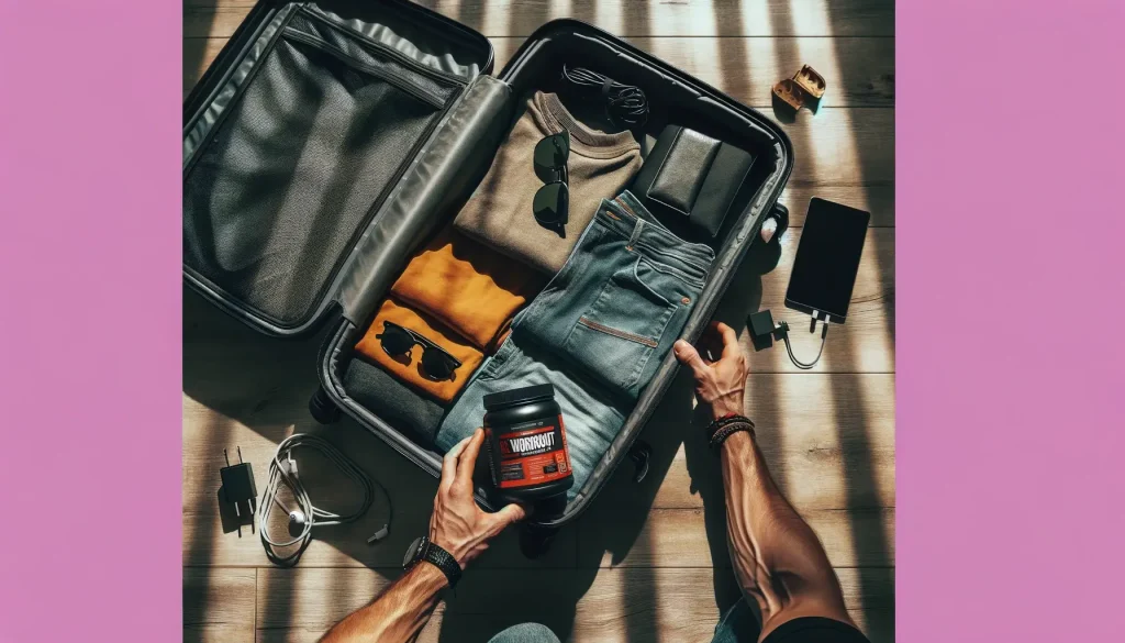 A photography of an overhead view of an open suitcase on a wooden floor. The suitcase is neatly packed with clothes, a pair of sunglasses, a black wallet, and laptop charging cables. A man's hands are visible, one hand is holding a container of pre-workout supplements, and he appears to be contemplating where to place it in the suitcase. The pre-workout supplement container is medium-sized, cylindrical, with a bright label that stands out among the clothes. There's a distinct contrast between the warm clothes and the cool metallic exterior of the suitcase. The sunlight casts shadows over the scene, creating a warm ambiance. The man is wearing a long-sleeved shirt, and his forearms are shown leaning over the suitcase. He has a bracelet on his wrist.