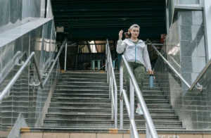 calories walking – woman in sportswear descending stairs outdoors for fitness exercise
