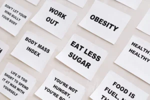 morbid obesity BMI – sticky notes showing obesity, workout and body mass index terms for health awareness