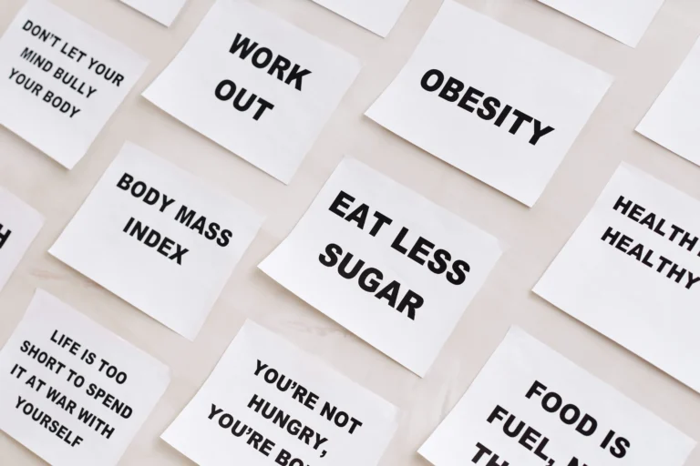 morbid obesity BMI – sticky notes showing obesity, workout and body mass index terms for health awareness